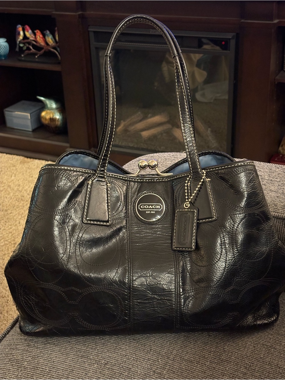 Coach Kristin Kisslock Satchel Black Embossed Patent Leather F15658 Shoulder Bag